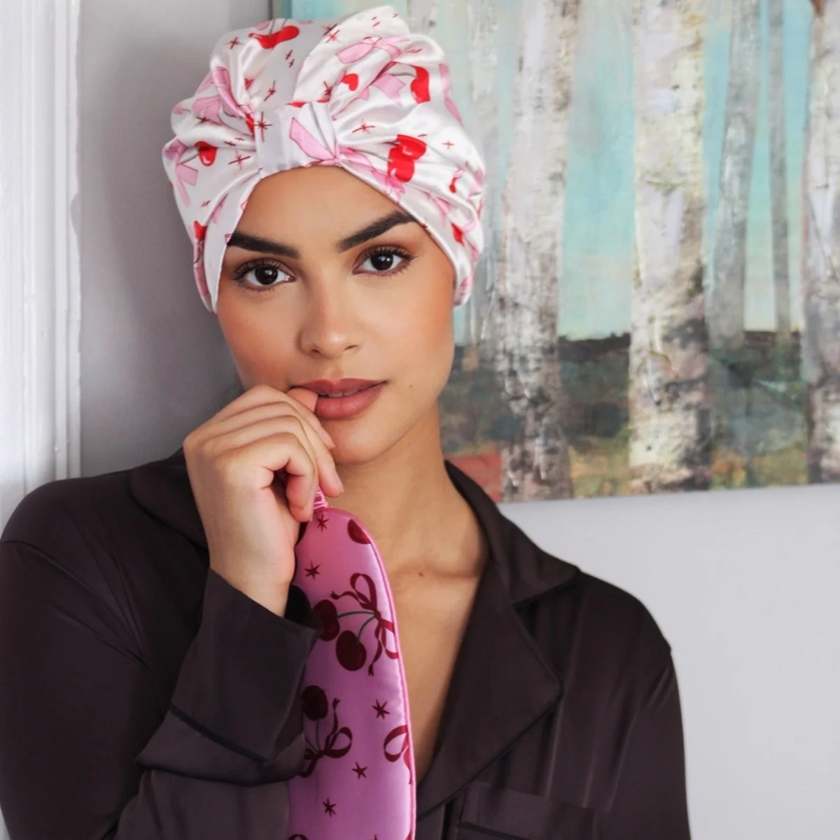 Satin Sleep Turban, Cherry Bows - Image 3