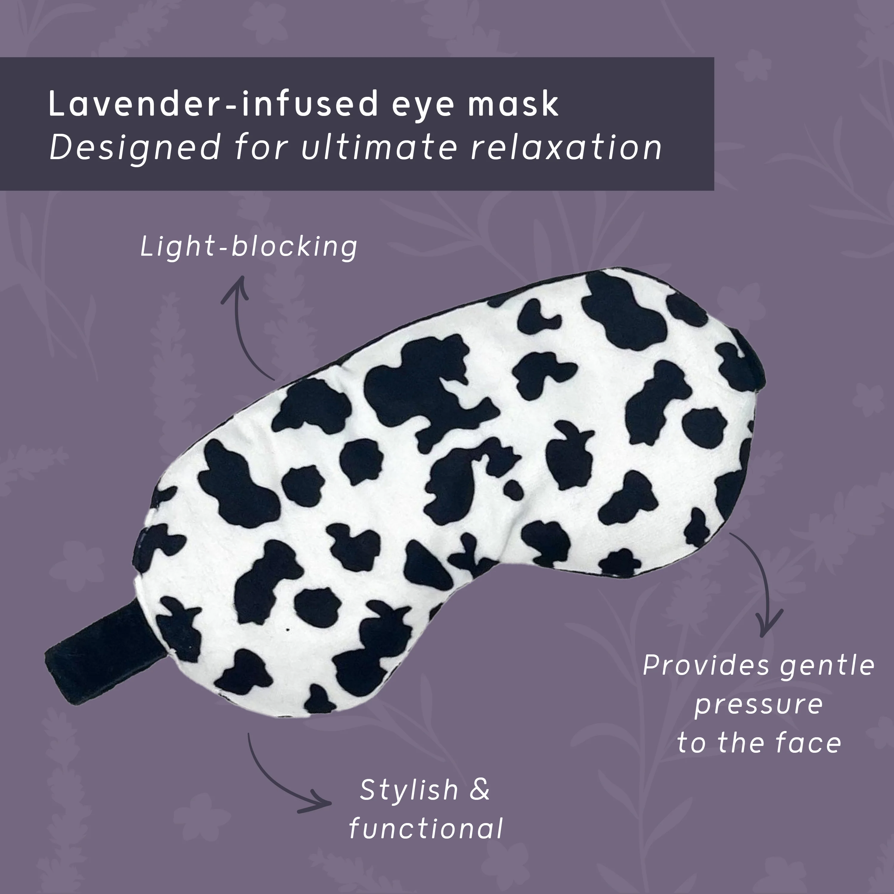Lavender Deep Pressure Therapy Eye Mask - Cow Print - Image 3