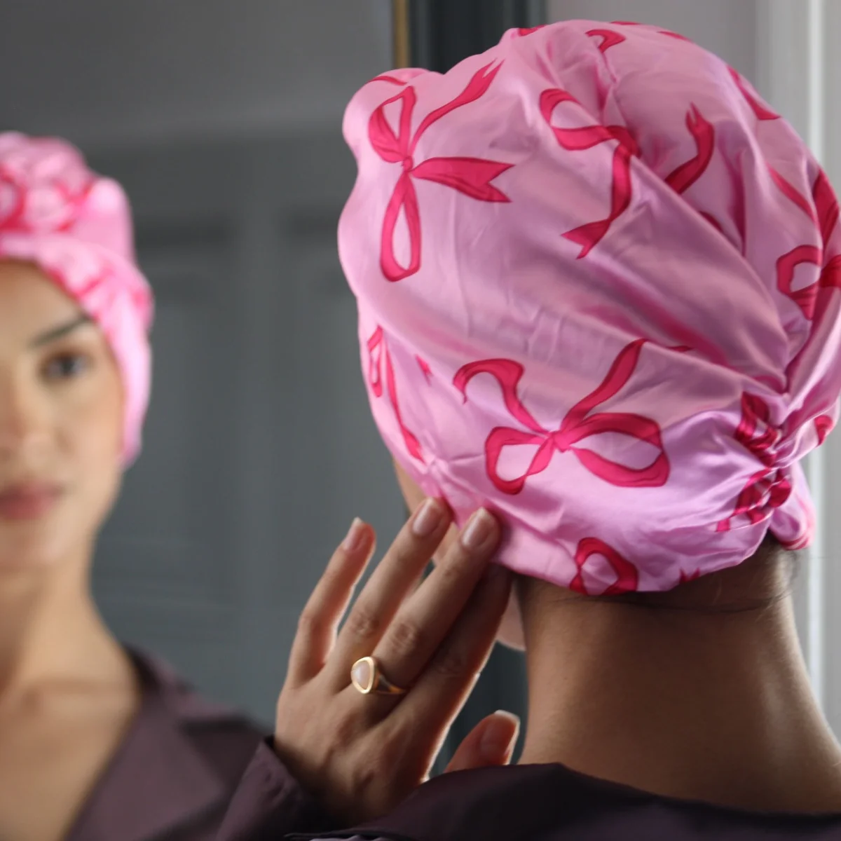 Satin Sleep Turban, Pink Bows - Image 3